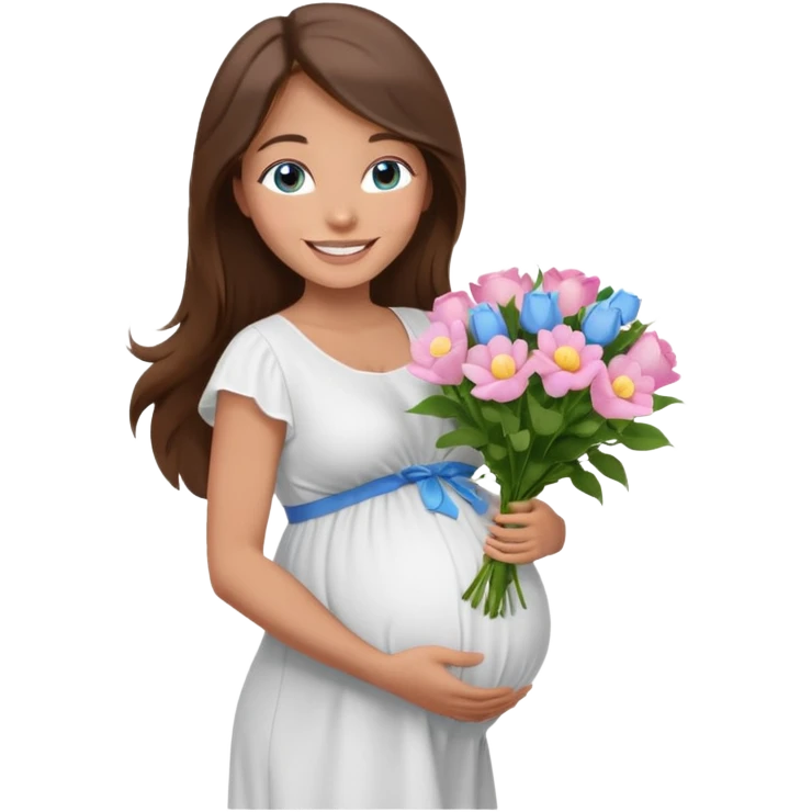 Create a cute emoji-style illustration of a young brunette woman with long brown hair, blue eyes, and a happy smile. She is pregnant, shown with a visible baby bump, wearing a simple white dress and holding a small bouquet of flowers. She looks excited and joyful, as if she's about to marry soon. emoji