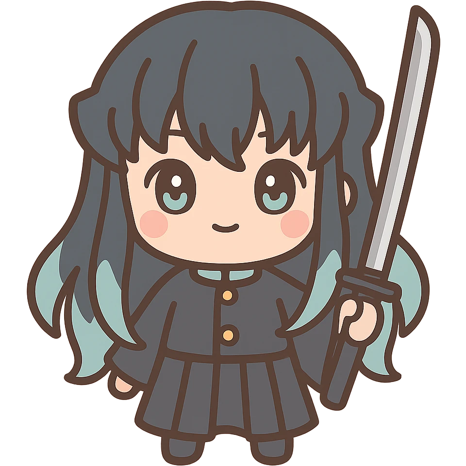 Muichiro Tokito from Demon Slayer, chibi style, holding a sword, cute expression emoji