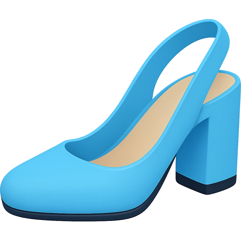Slingback pumps with very thick heel in a lighter blue color, styled as an Apple emoji, with transparent background. emoji