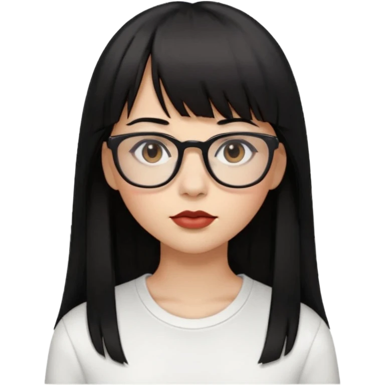 uma mulher snapchat icon, cor da pele normal, cabelo preto liso solto grande com franja, óculos pretos, com piercing na boca e nariz, olhos castanhos, camisa branca emoji