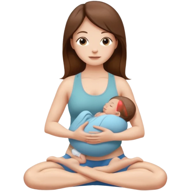  woman sitting in a yoga pose with long brown hair and fair skin, holding a newborn baby with short brown hair and fair skin." emoji