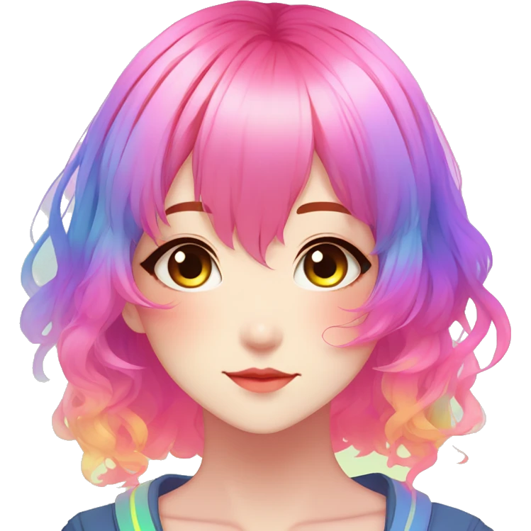 Gorgeous anime style shojo character with blushing face aesthetic and pretty colorful shiny gradient neon rainbow hair with hair garment trending style emoji