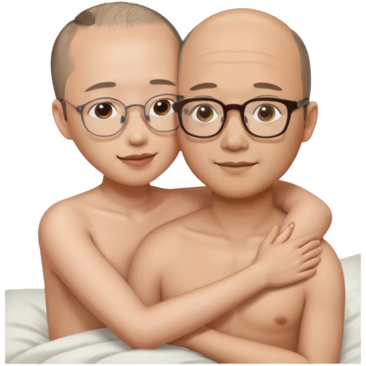 slightly balding asian man with glasses and asian woman no glasses naked in bed hugging emoji