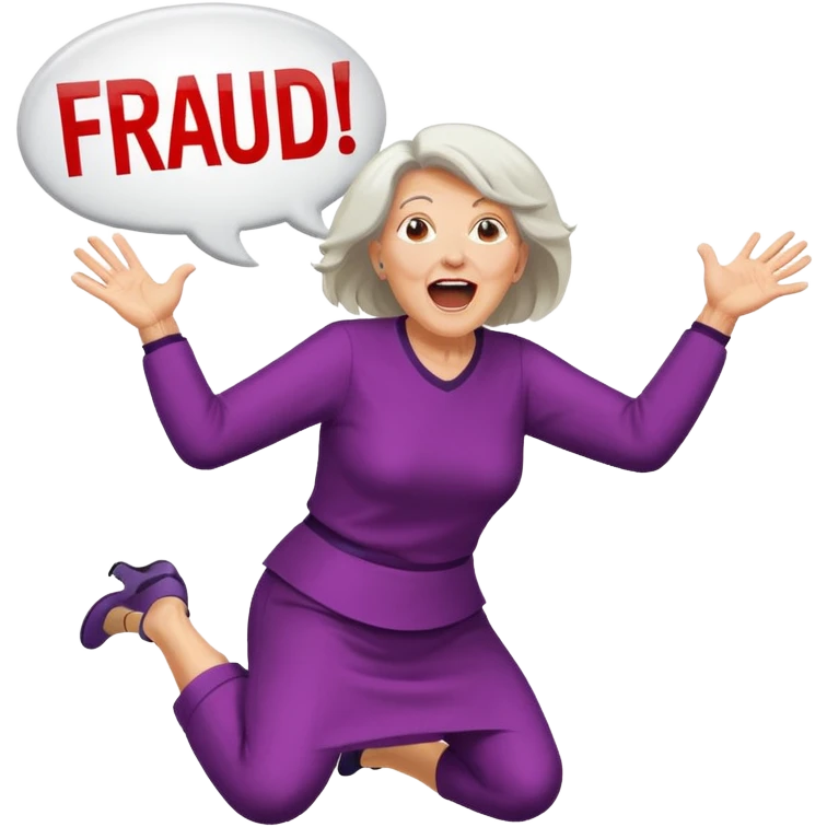 Older Woman jumping screaming and word “fraud” in a bubble emoji