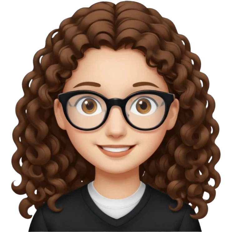 white teen girl with long brown curls, hazel eyes, and black frame glasses emoji