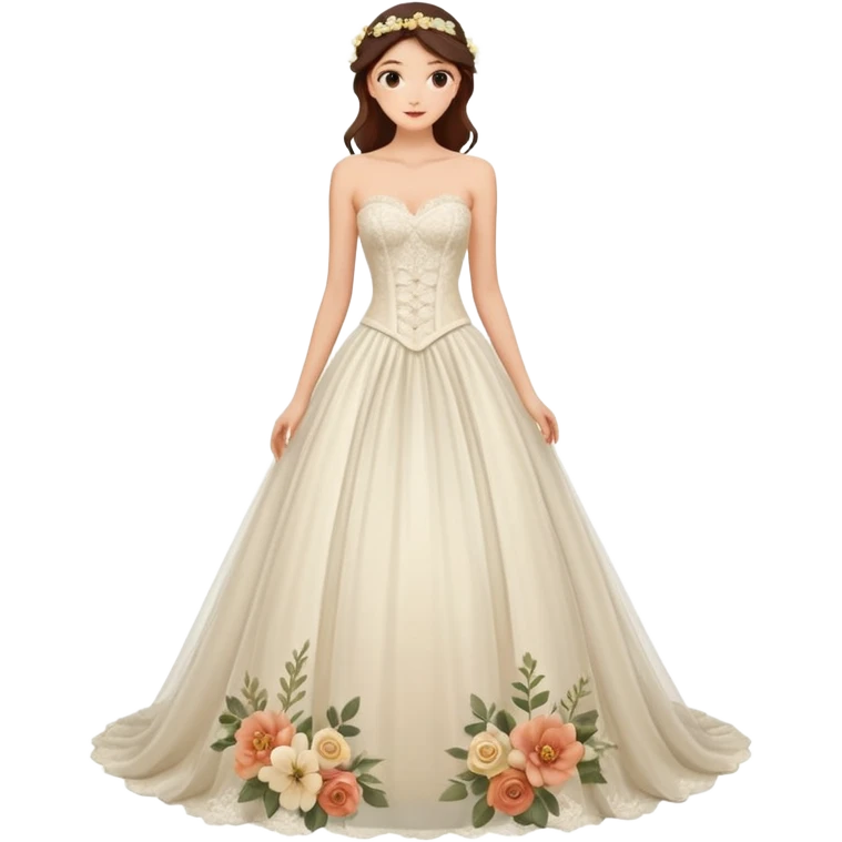 A romantic strapless A-line wedding gown with a sheer lace corset bodice and flowing floral applique skirt. emoji