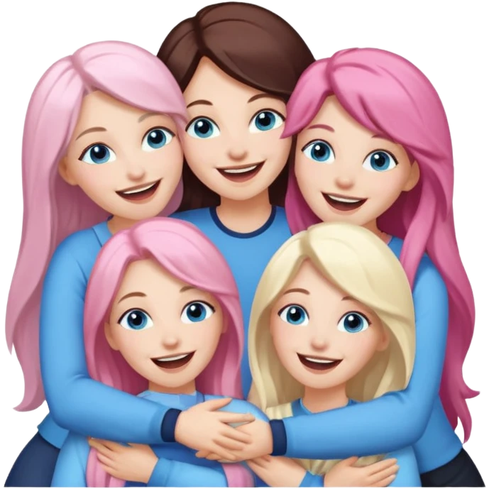 four adult white women laughing and hugging.  Two have long dark brown hair.  One has long pale pink hair and blue eyes. one has with blue eyes and light blonde hair. emoji