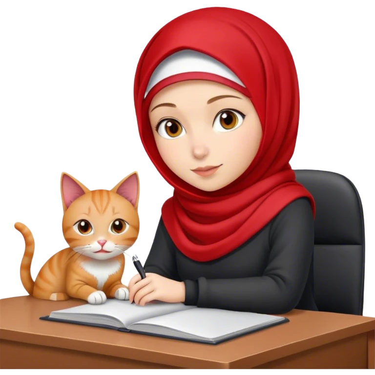 girl with red hijab. she's at a desk with a cat sitting on it emoji