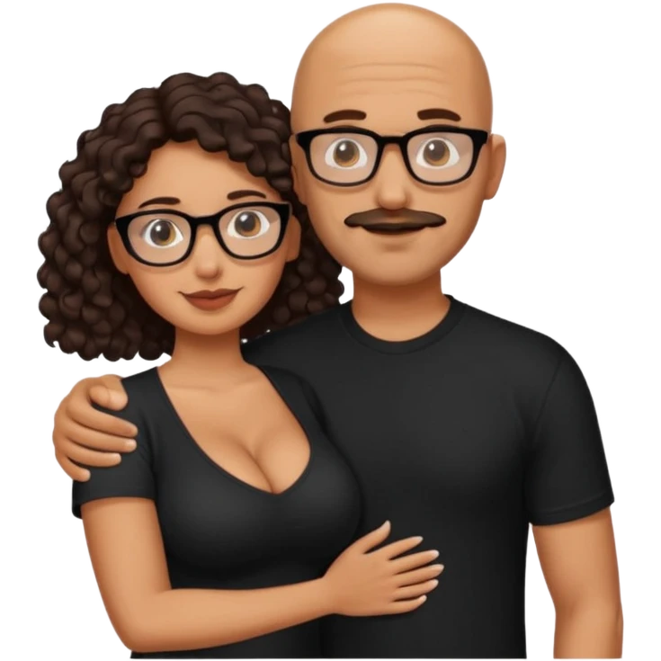 A picture of an embracing tanned couple. the man is a Mexican man with tanned skin, with a bald hair cut, short beard and wearing a black shirt. the woman is short with long curly dark brown hair and with big boobs. Put glasses on the woman only.  emoji
