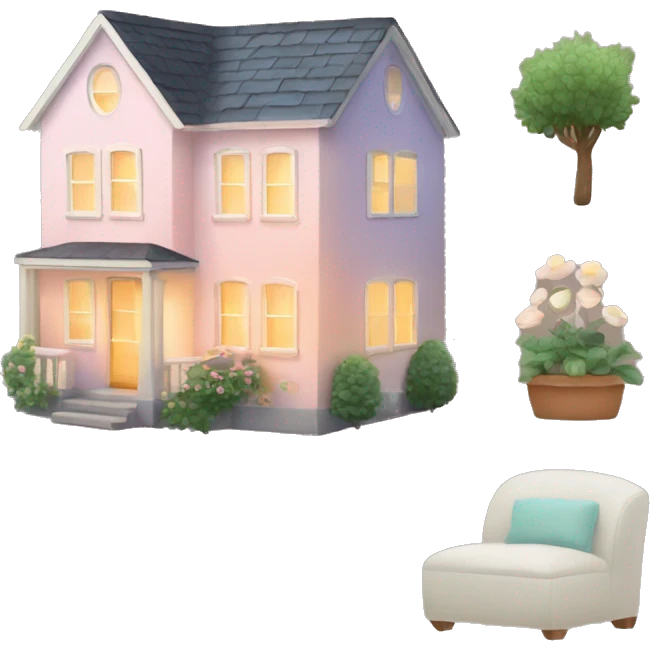 Create a small, cozy house emoji with glowing windows, a little garden, and a soft, pastel color palette to feel warm and welcoming. emoji