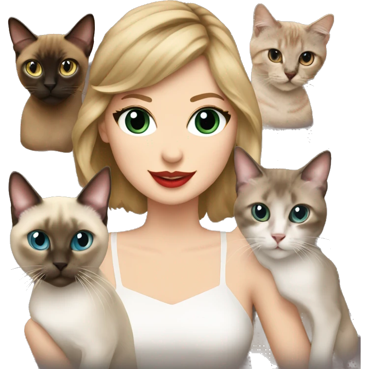 taylor swift with three cats (a black, a chocolate-point siamese, and a tabby-point siamese) emoji