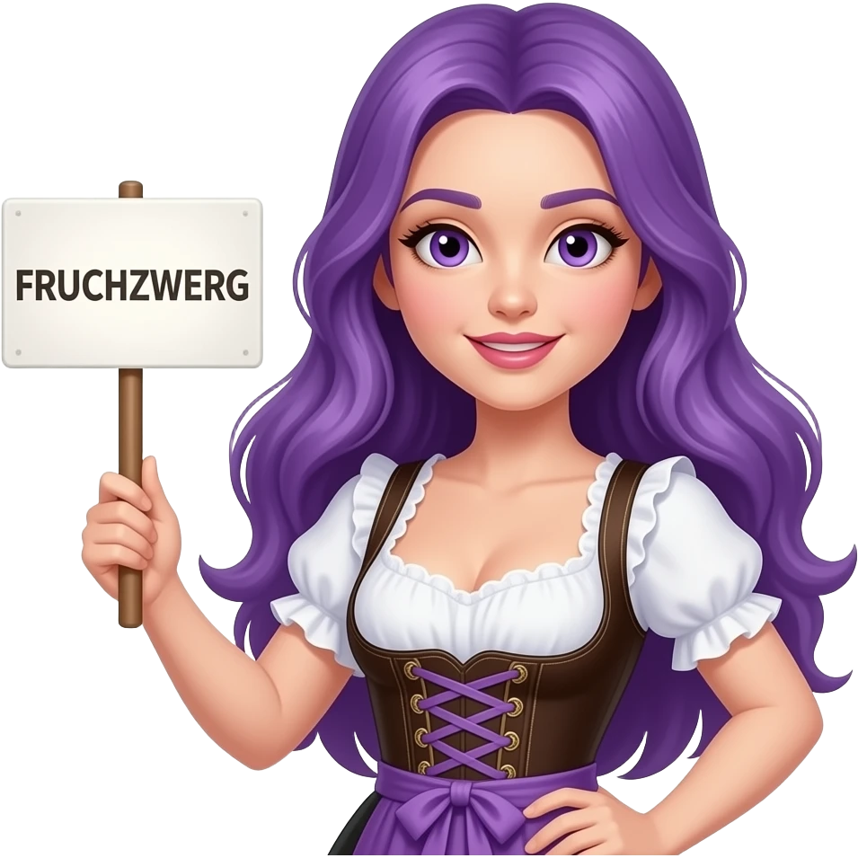 sexy girl with long purple hair and purple eyes wearing a dirndl holding a FRUCHTZWERG sign emoji