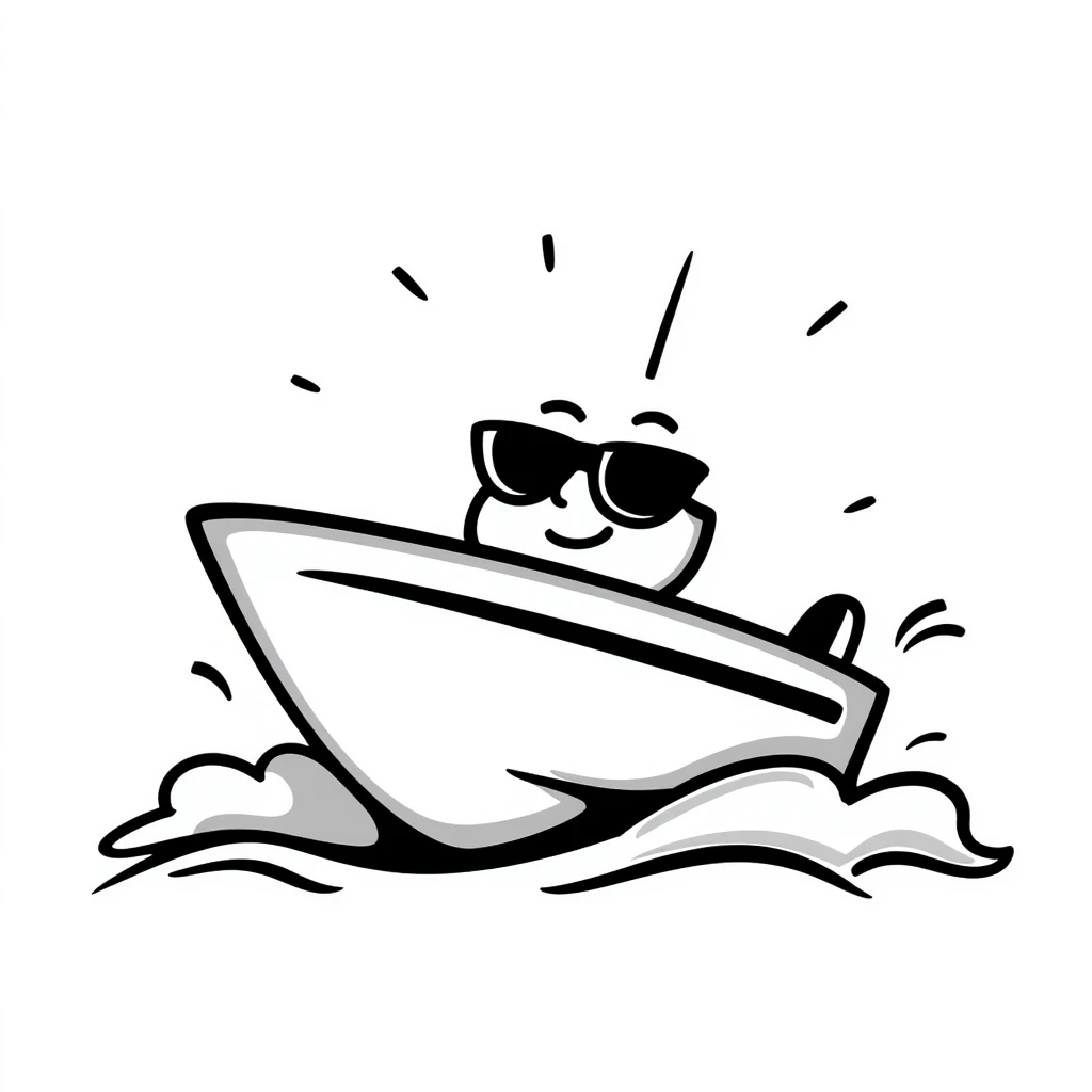 A hand-drawn speedboat with sunglasses and a cool grinning face emoji