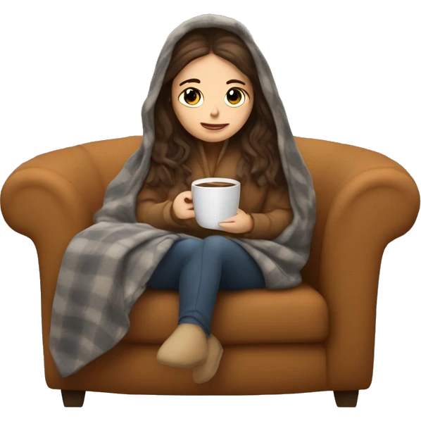 Brunette white girl covered in blanket autumn vibe sitting on a cozy chair holding coffee emoji