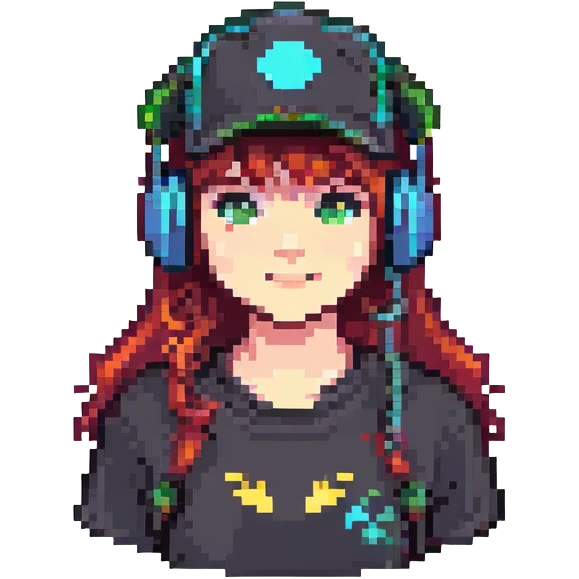 cool gamer girl with headphones and a cap, pixel art style, retro gaming vibe emoji