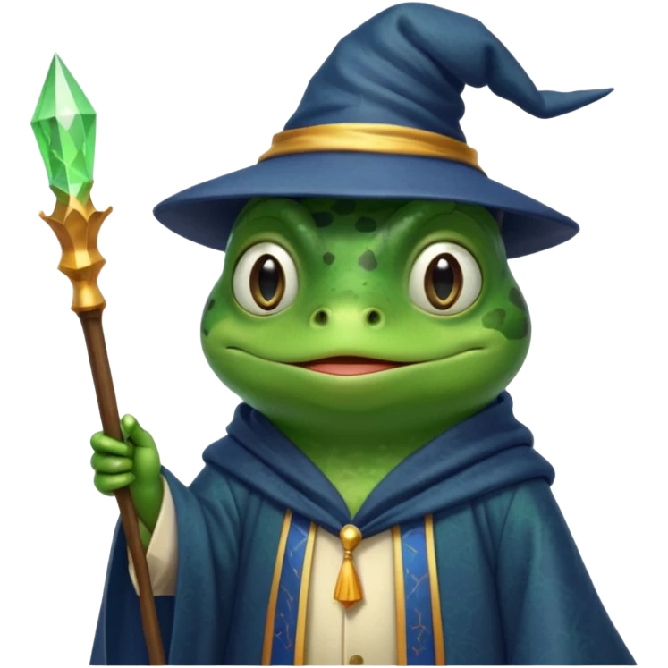 A smart frog in a hat and robes holds a pointer and with a smart face points out the mistake emoji