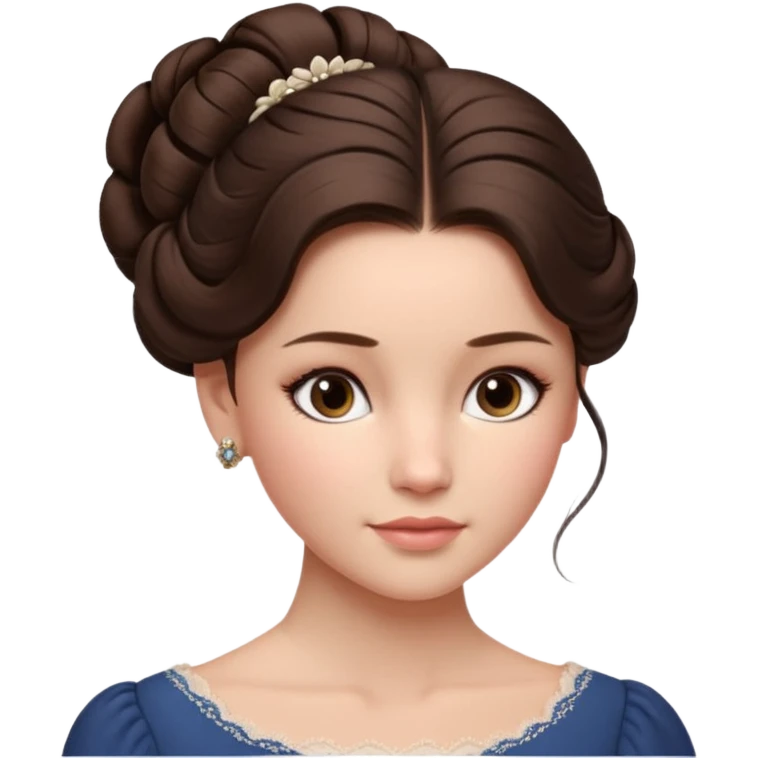 Cinematic Realistic Journal Portrait, depicted with lifelike skin texture, subtle rosy undertones, and soft natural lighting that enhances the gentle contours of her face. Her intricately detailed brunette hair is elegantly styled in an updo, emoji