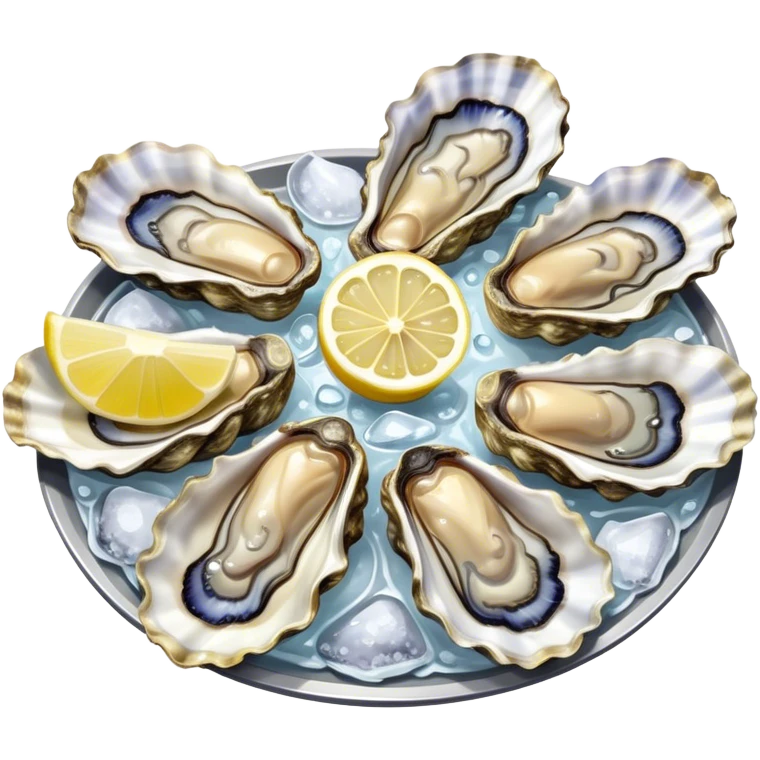 Cinematic fresh oysters on the half-shell, glistening with seawater, served with lemon wedges and ice, soft glowing highlights, elegant and luxurious. emoji