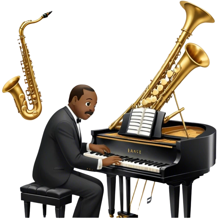 Icon for Jazz Music: Count Basie Orchestra, with Count Basie at the piano surrounded by jazz musicians playing instruments like saxophones, trumpets, and drums. Floating musical notes should capture the energetic and smooth vibe of big band jazz. Transparent background. emoji