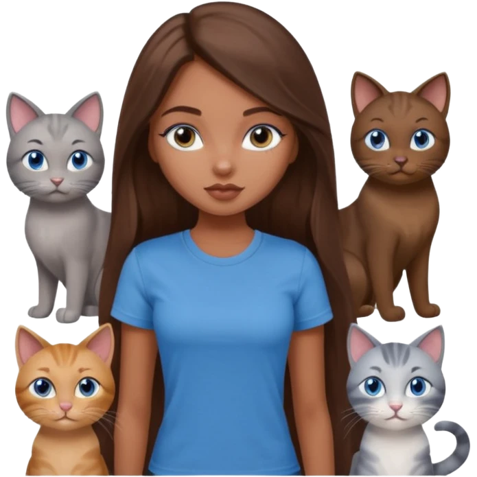 a pretty bratz dusky girl with long brown hair, blue eyes with six cats nd wearing a grey tshirt emoji