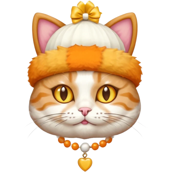 cat wearing a creamy cake hat with fun necklace around his neck and a yellow bow in the middle emoji