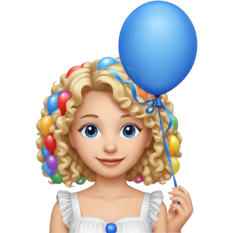 Woman curly long blonde with blue balloon, white dress emoji