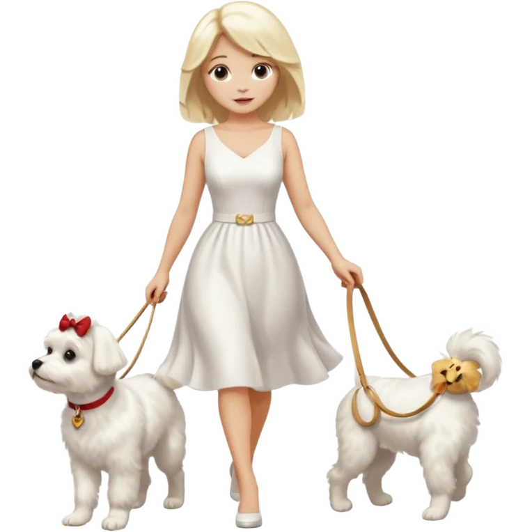 blonde woman wearing white, walking 1 maltese dog emoji
