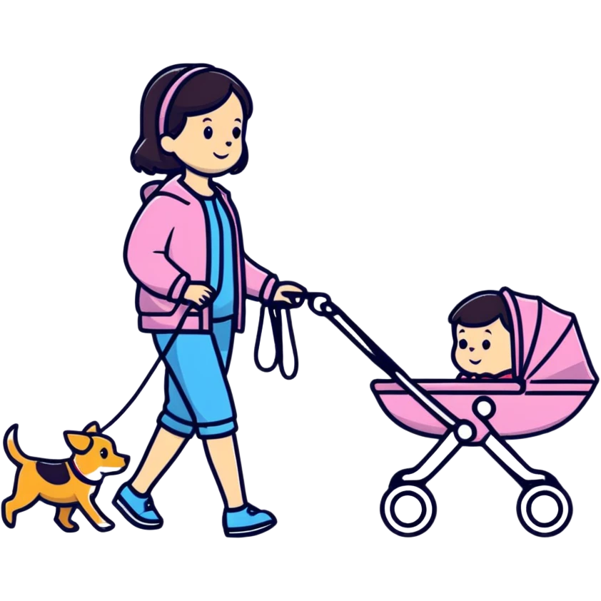 girl walking with a stroller and dog on a leash, bold lines emoji