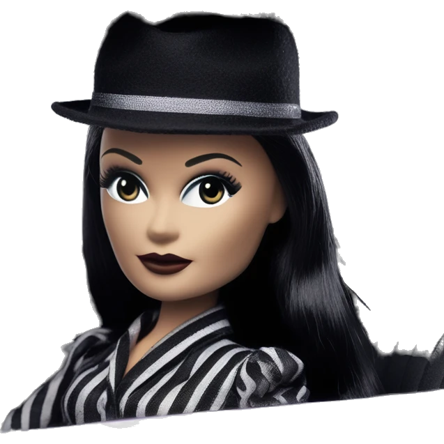 Bouclé Beauty Lingerie Barbie, Morticia Addams from academy, in dark-gray and black striped outfit with hat. Driving 1965 Mercedes 190 emoji