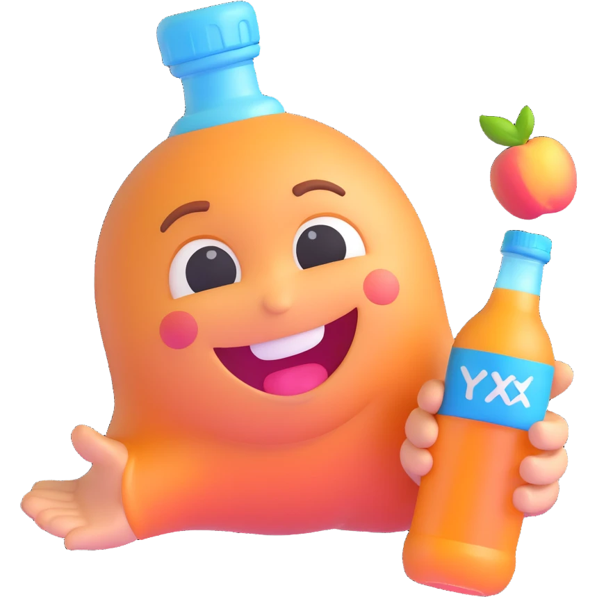 smiling emoji with blushing cheeks, cute begging face, holding a bottle labeled 'Syx Peach Ice', laughing, 3D emoji style emoji