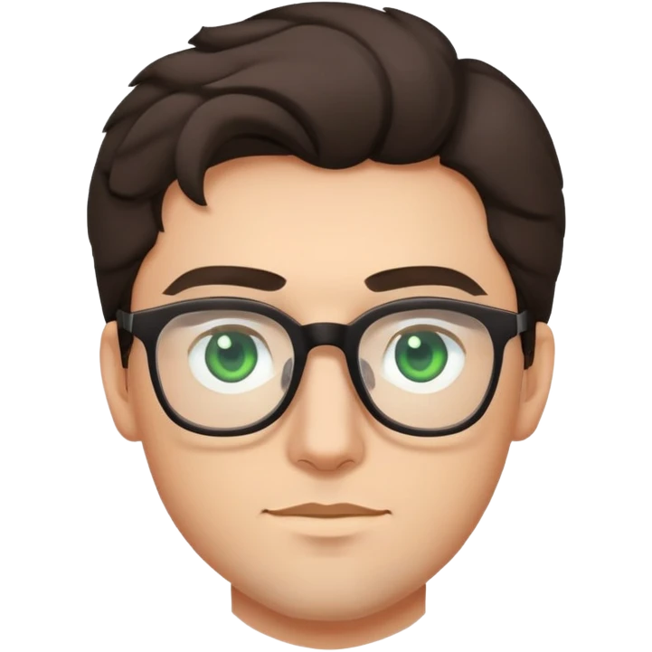 young man with dark slightly curled hair wearing glasses with green eyes and very light stubble, minimal facial hair emoji