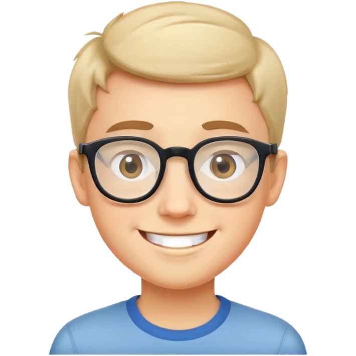 Oval-faced short-haired boy wearing square thick glasses, grinning emoji