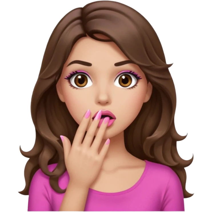 girl with long wavy brown hair, brown eyes, long lashes makeup, sexy pink lips, light to medium complexion, pink sexy top, shocked, hand covering mouth emoji