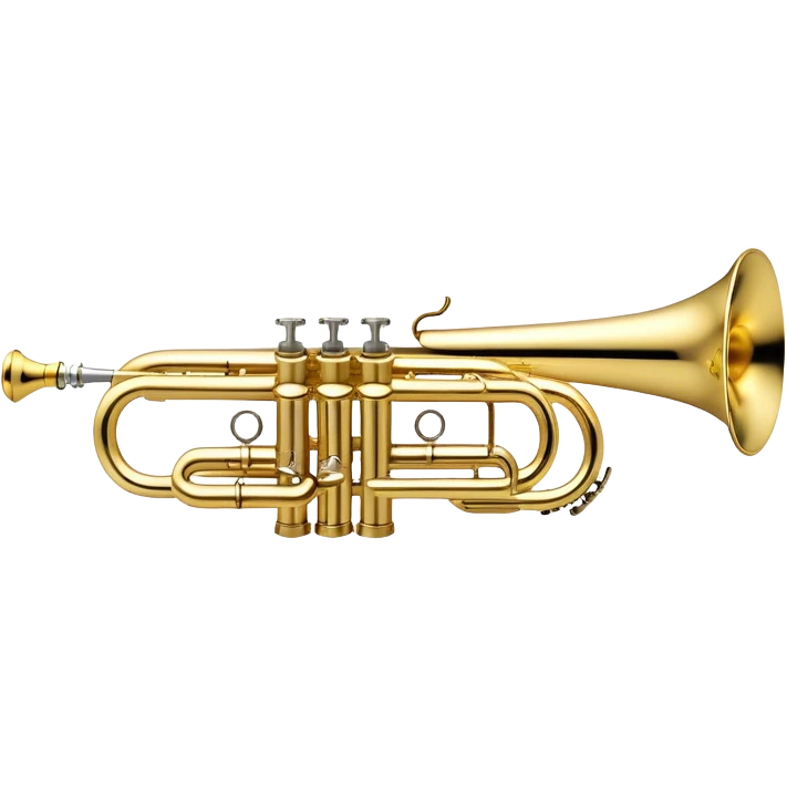 Create a professional and polished emoji representing the Brahner trumpet. The design should showcase the shiny brass body of the trumpet, with its distinct valves and bell. Highlight the smooth curves of the tubing and the elegant flared bell at the end. The valves should be visible with their metal buttons, and the mouthpiece should be positioned at the top of the instrument. Use bright gold and brass tones with reflective light effects to emphasize the trumpet’s polished, high-quality finish. Add subtle musical notes around the trumpet to evoke its bright, bold sound. The background should be transparent. emoji