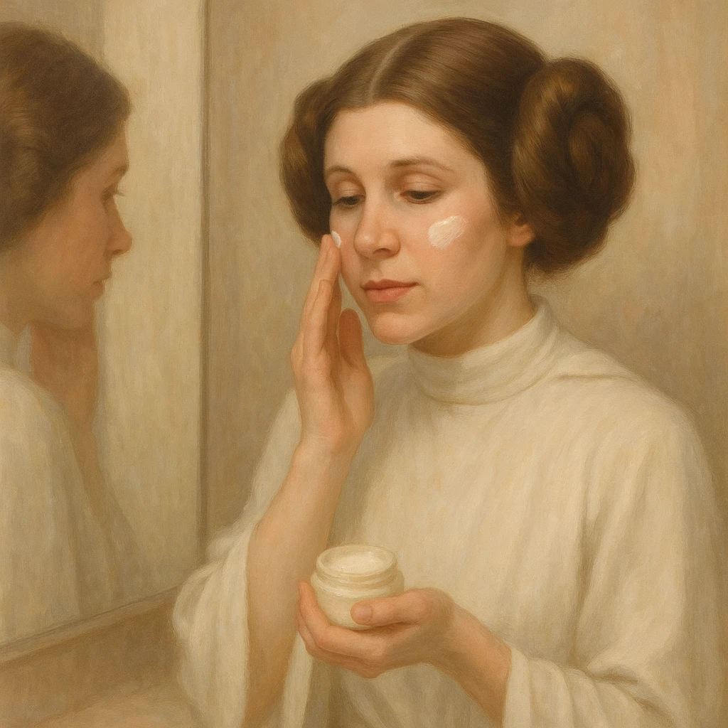 Princess Leia from Star Wars applying face cream in front of a mirror, soft lighting, gentle colors emoji