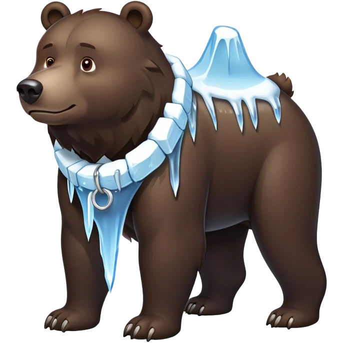 Realistic dark brown bear on four legs with a frozen ice collar that has icicles protruding downward, shaped like a large dog collar but made of crystal clear ice emoji