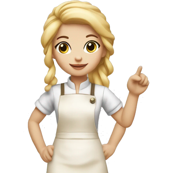 create a little blonde baker doll pointing with her little hand emoji