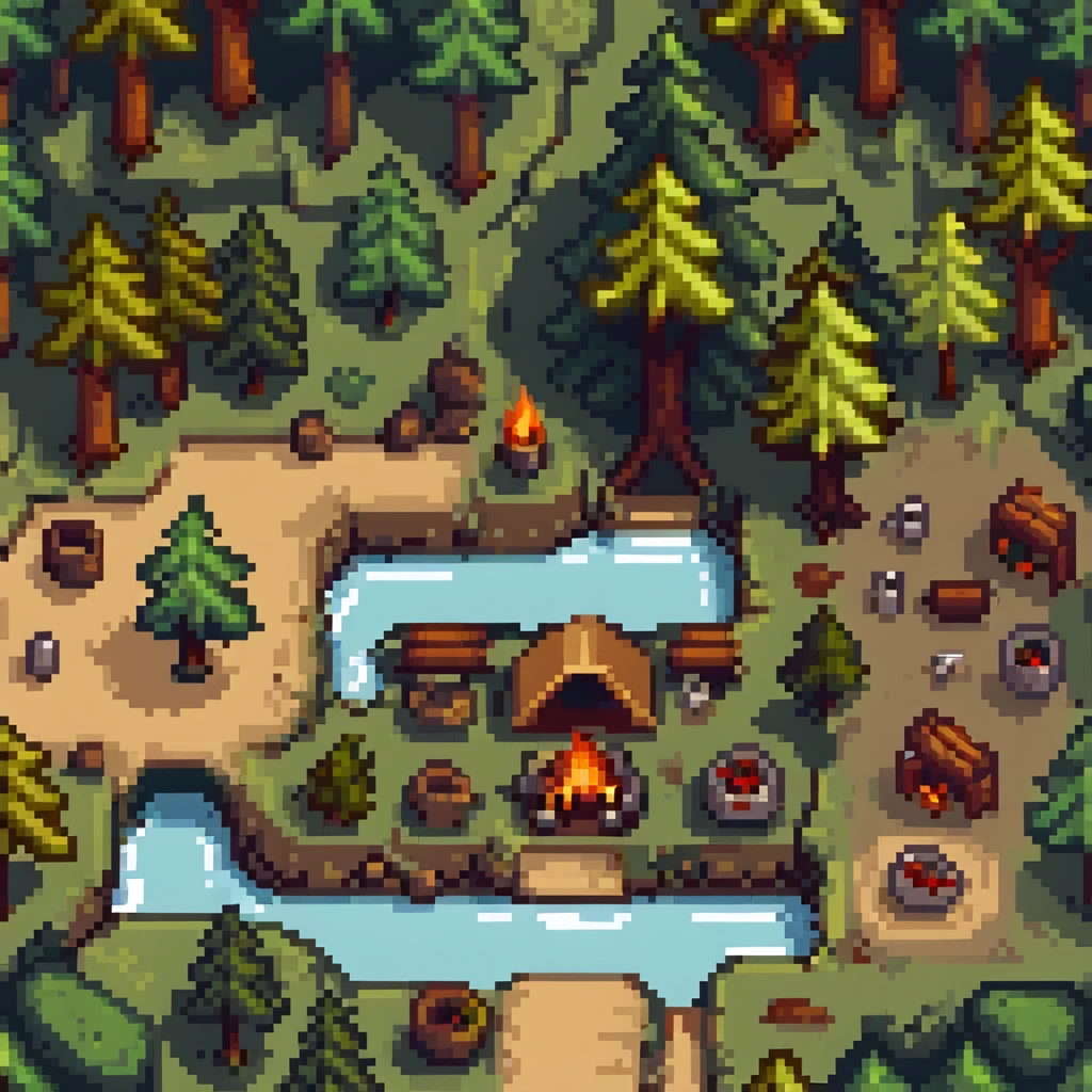 forest camping tile set with trees, tent, campfire, logs, river, rocks, and bushes emoji