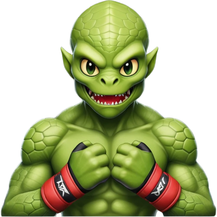 reptilian alien MMA fighter portrait, head and shoulders only, scaled skin, sharp teeth, fighter gloves, battle-ready expression, 3D cartoon, mobile game icon style, clean background, no text, no watermark
 emoji