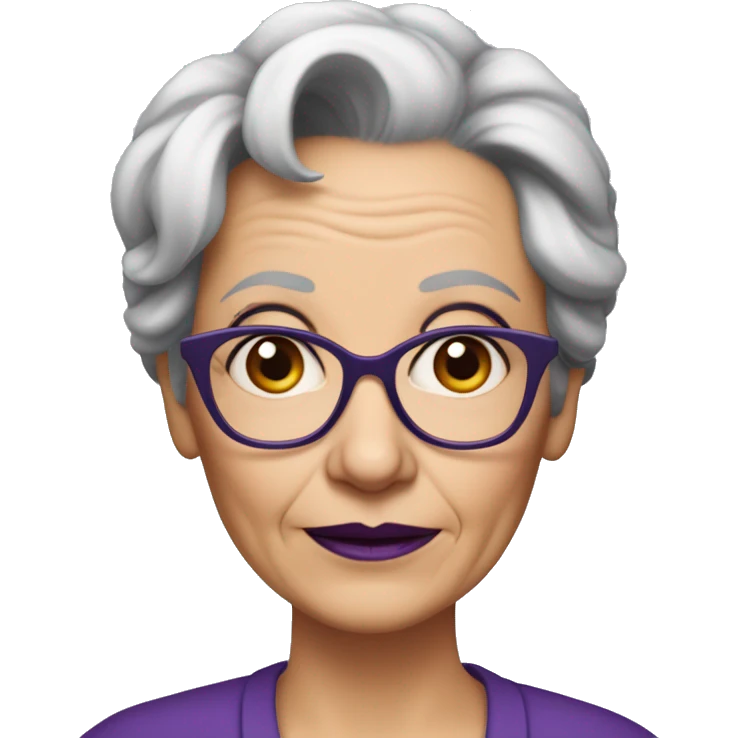 Older woman with wrinkles on the face, dark blue rectangular spectacles an darker eyebrows, purple lips and slightlyshorter hair emoji