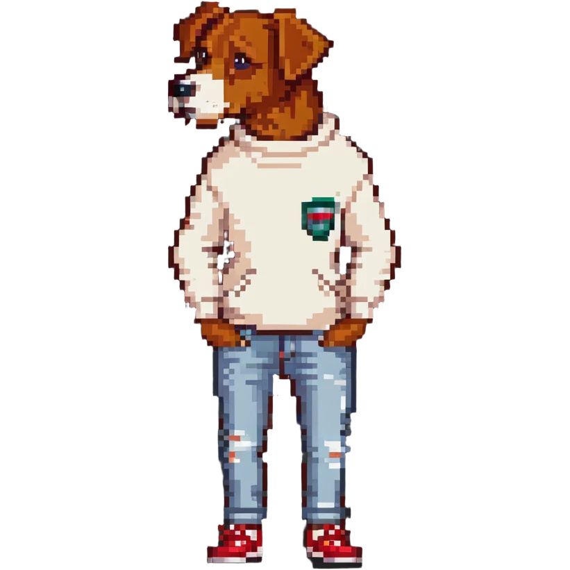 Brown dog standing upright with hands in jean pockets, wearing a white sweater and red shoes emoji