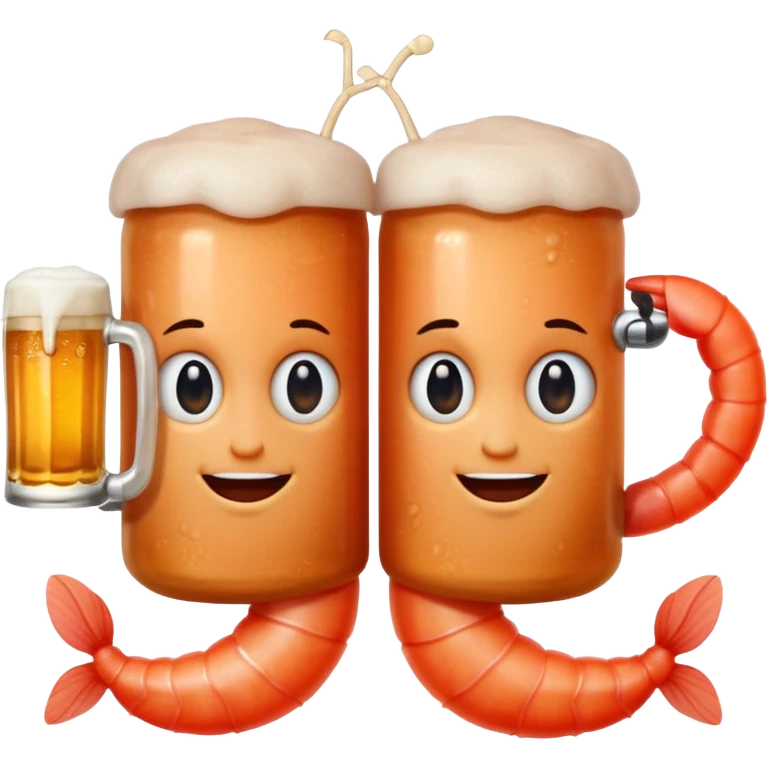 Design a trendy emoji-style illustration of two shrimp peeking from behind text, only half of their bodies visible, curious and playful expressions.
One shrimp holding a beer mug, the other pointing forward.
 emoji