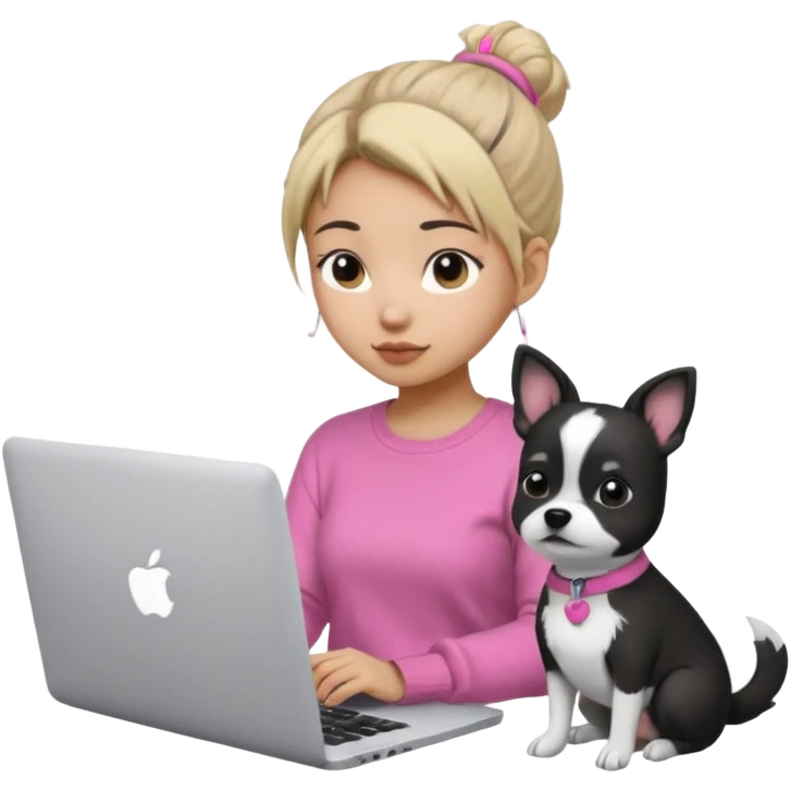 Asian girl with messy bun hair, wearing a white t-shirt, working on an Apple laptop, next to her is a small black and white dog in pink sweater emoji