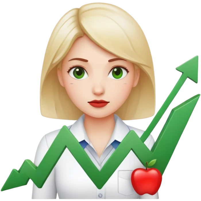 Female character displaying two small charts, green upward trending graph in right hand, red downward trending graph in left hand emoji