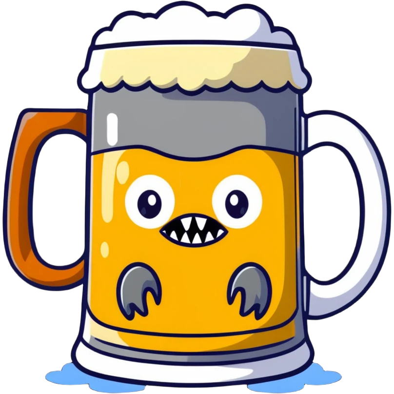 A wobbly beer tankard with monster eyes and sharp teeth like a mimic monster, overflowing with frothy beer emoji