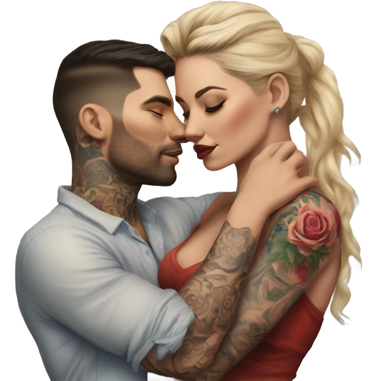 Hyper Realistic beautiful woman in the arms of a very handsome tattooed man kissing  emoji