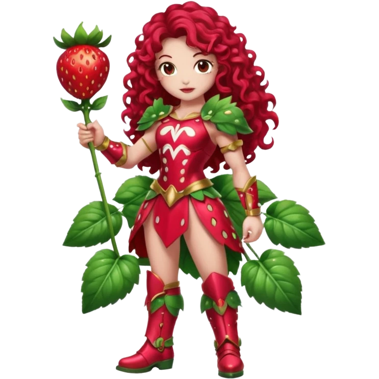 full body woman long curly brown hair brown eyes white skin tattoos muscular build dressed as strawberry spirit, glossy berry armor, leaf boots, confident pose emoji