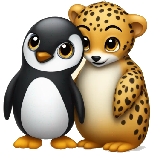 A very small cheetah being hugged by a penguin emoji