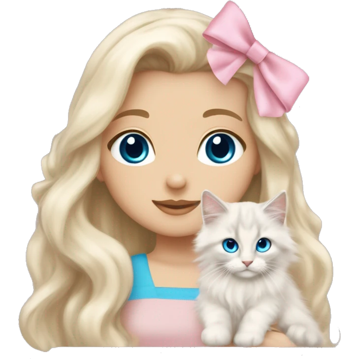 pale blonde girl with long platinum white wavy hair with bright blue eyes and wearing a light pink hair bow holding a beige long haired main coon kitten also wearing a hair bow emoji