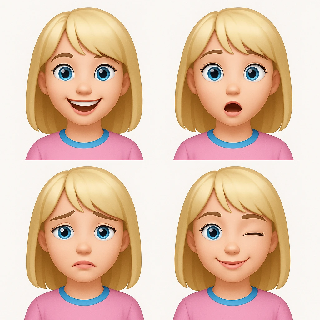 Create four different facial expressions: happy, surprised, sad, and winking. Keep the character with blonde hair with bangs, wearing a pink blouse, and having blue eyes. The style should resemble emoji style as closely as possible. emoji